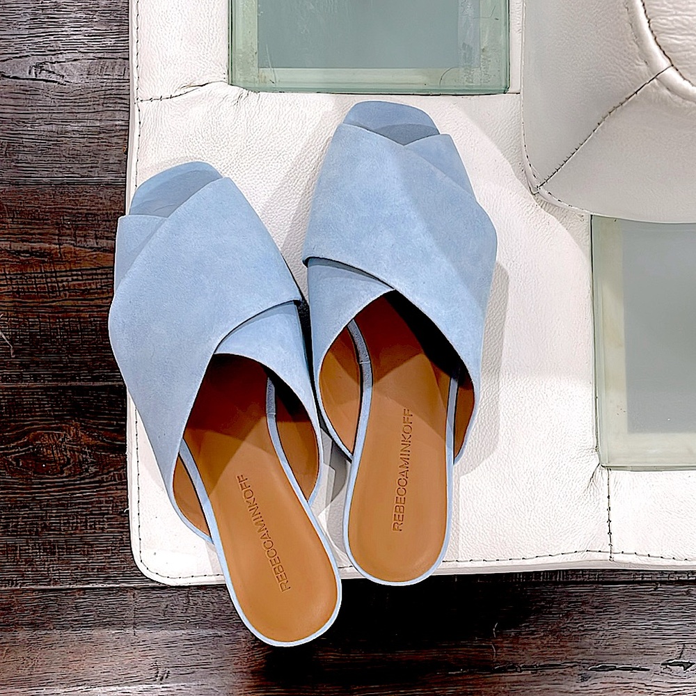 NIB Rebecca Minkoff baby blue suede crossover leather cushioned sky blue mules